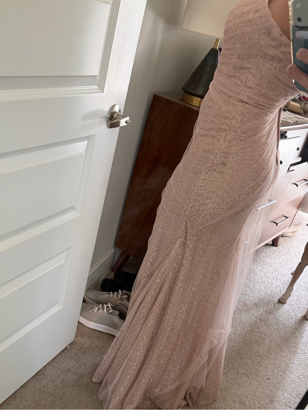 Mori Lee Blush Sequin Spaghetti-Strap Wedding Guest/ Bridesmaid Dress - Picture 2 of 6
